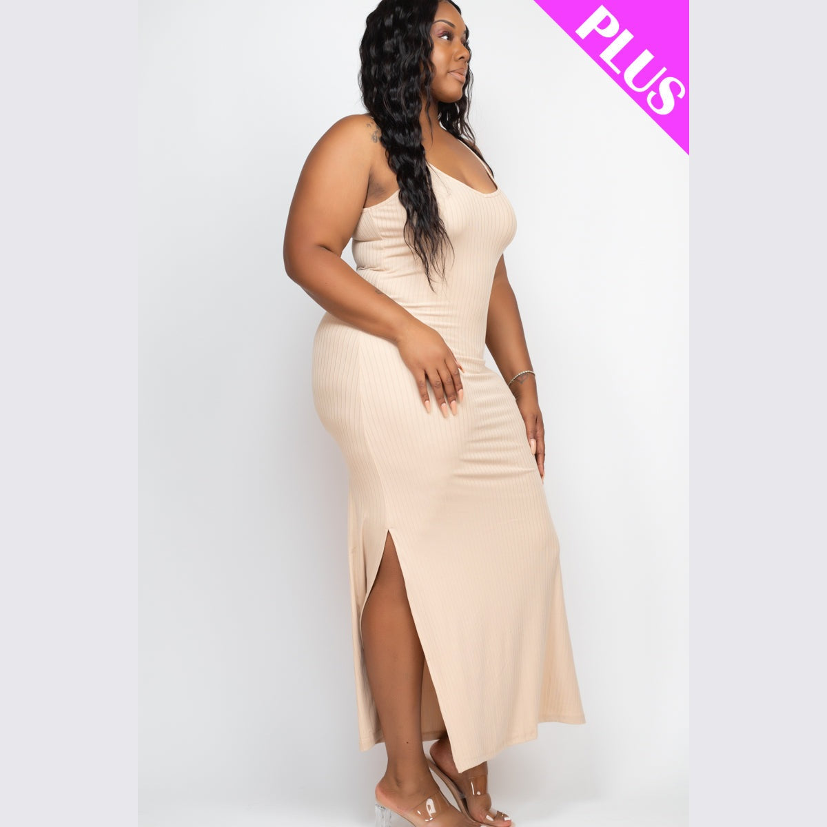 Plus Size Ribbed Side Slit Long Cami Dress