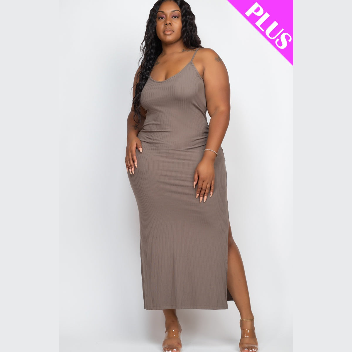 Plus Size Ribbed Side Slit Long Cami Dress
