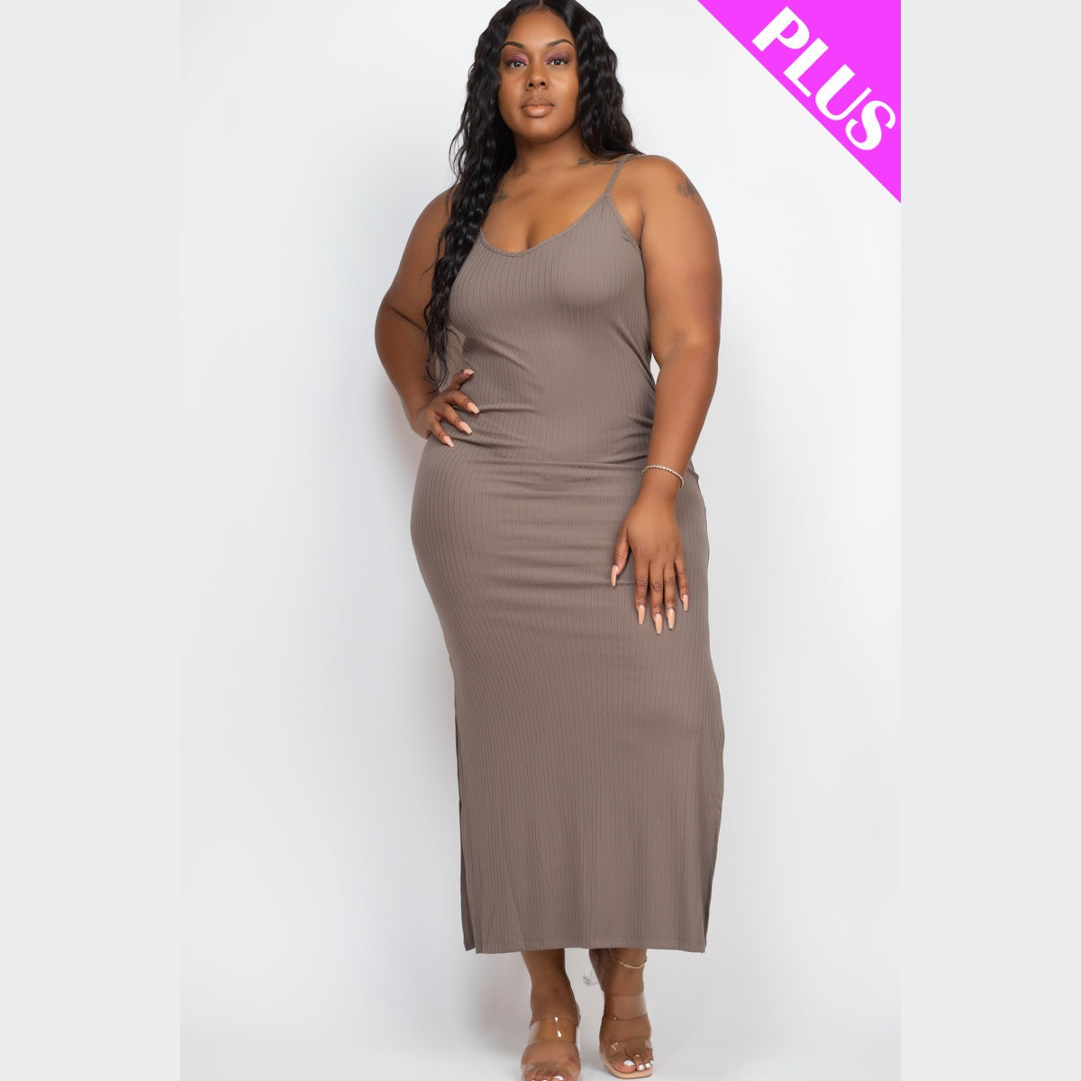 Plus Size Ribbed Side Slit Long Cami Dress