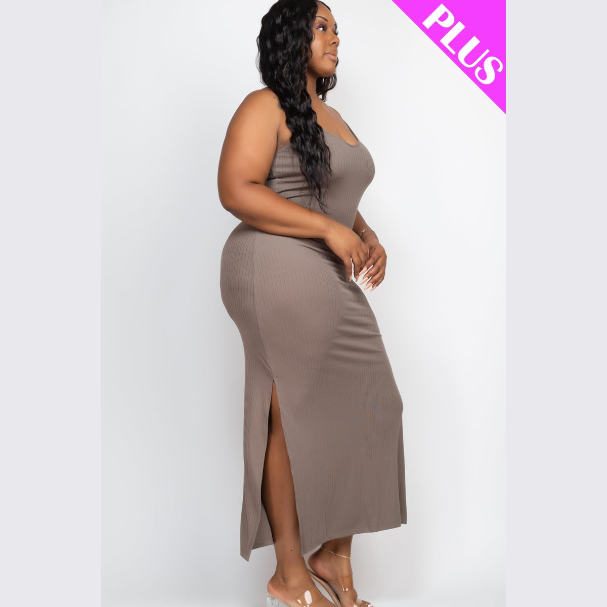 Plus Size Ribbed Side Slit Long Cami Dress