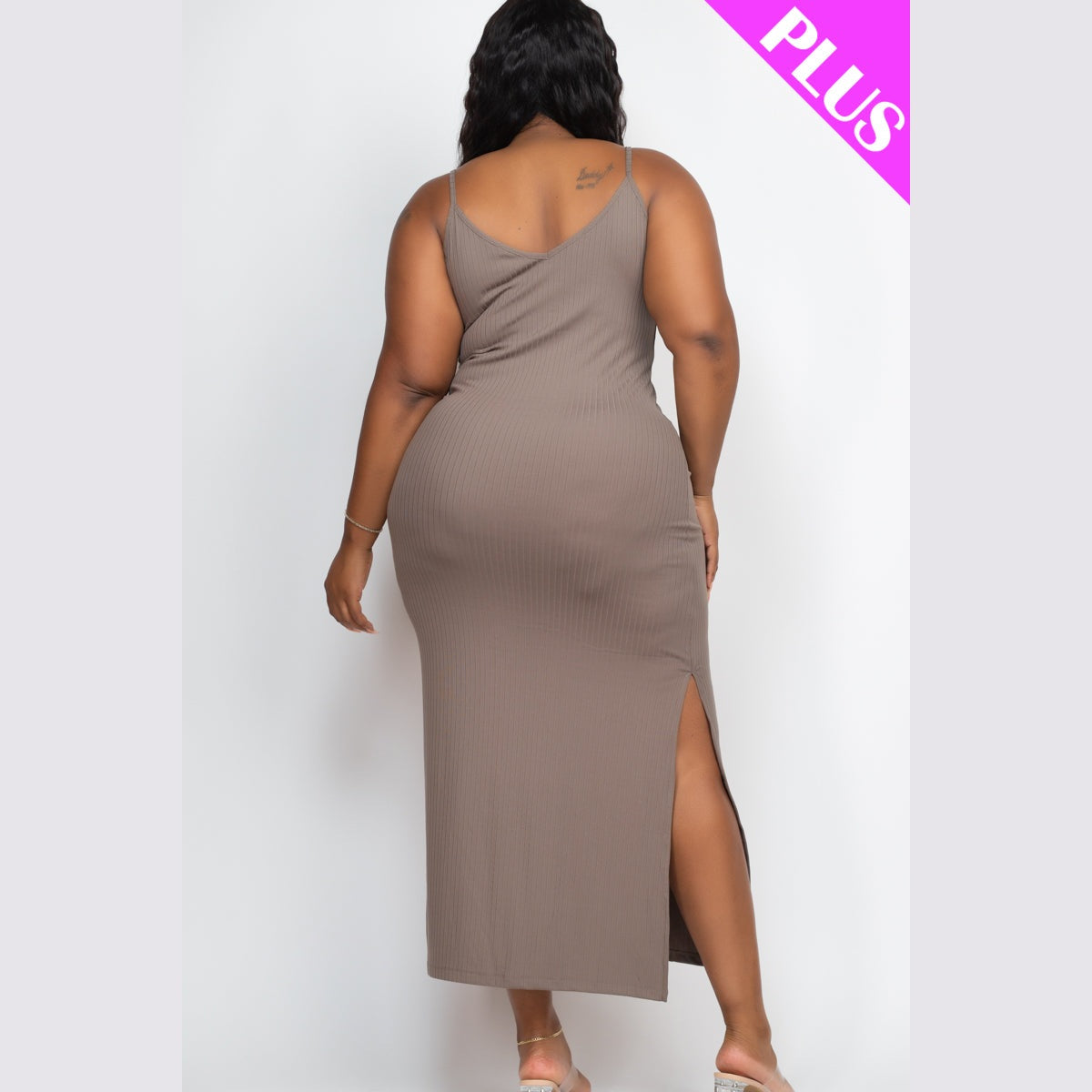 Plus Size Ribbed Side Slit Long Cami Dress