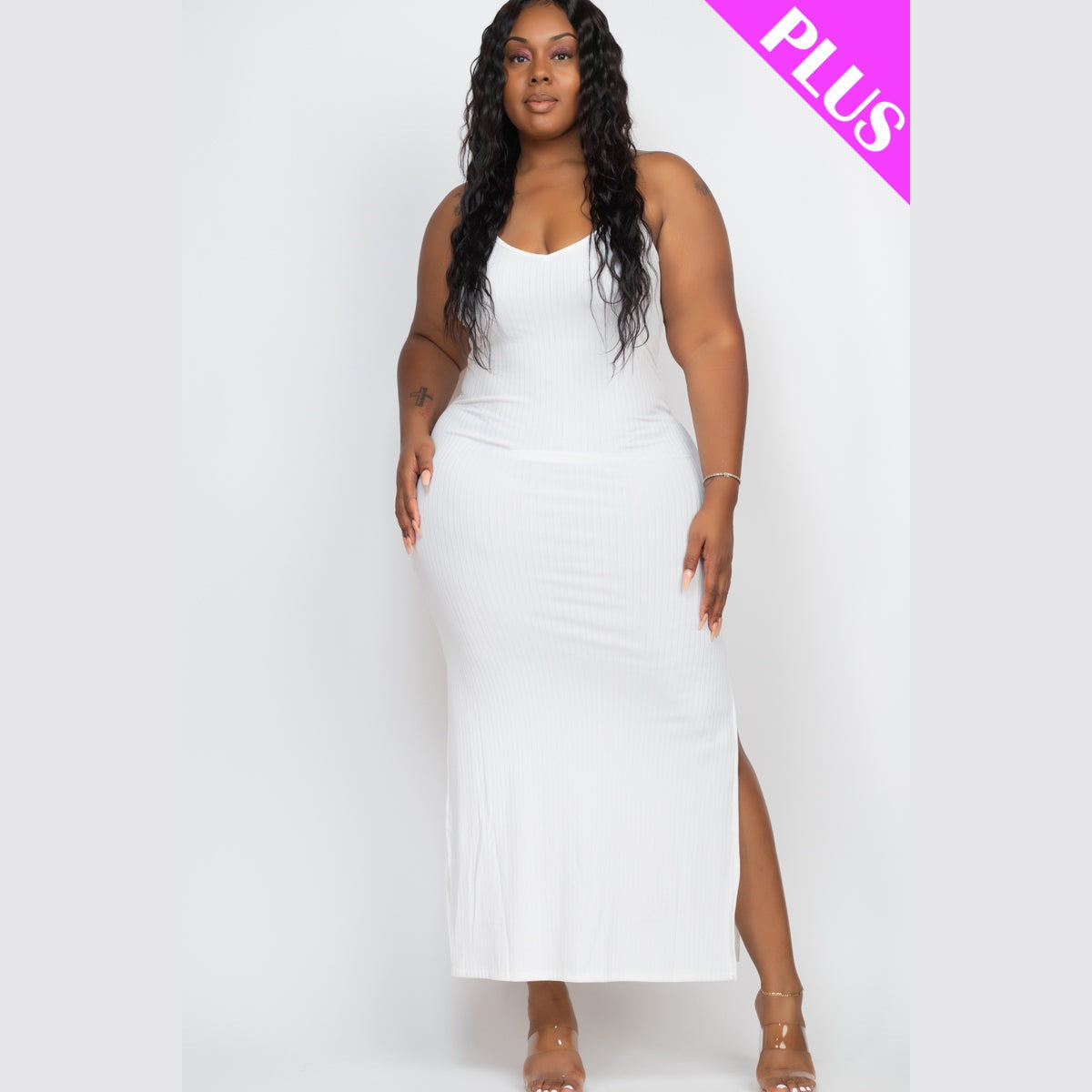 Plus Size Ribbed Side Slit Long Cami Dress