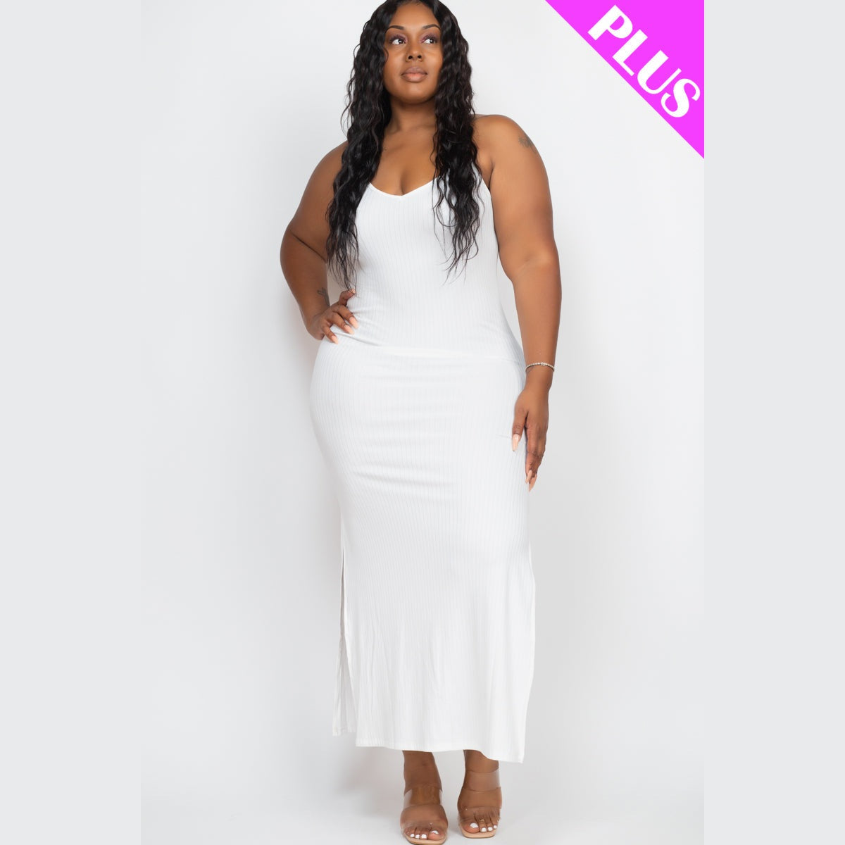 Plus Size Ribbed Side Slit Long Cami Dress