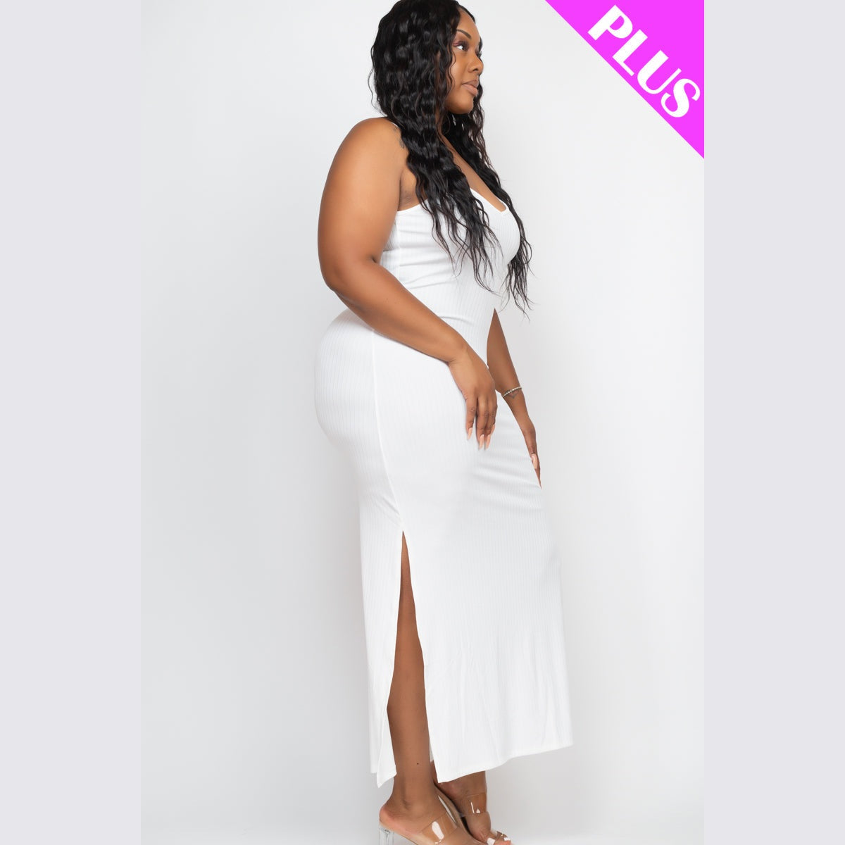 Plus Size Ribbed Side Slit Long Cami Dress