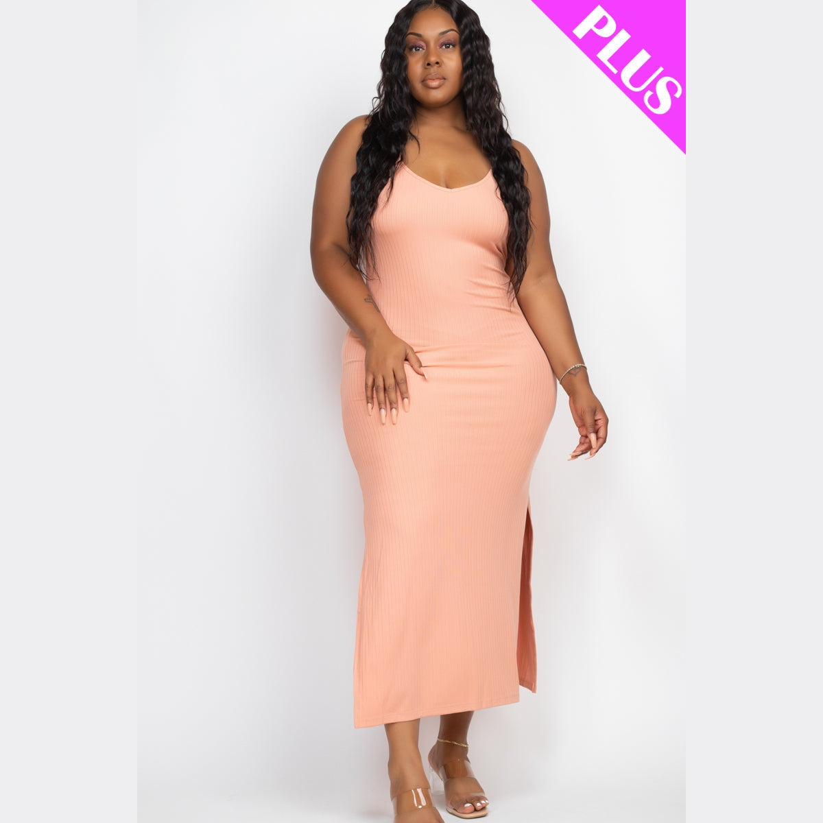 Plus Size Ribbed Side Slit Long Cami Dress