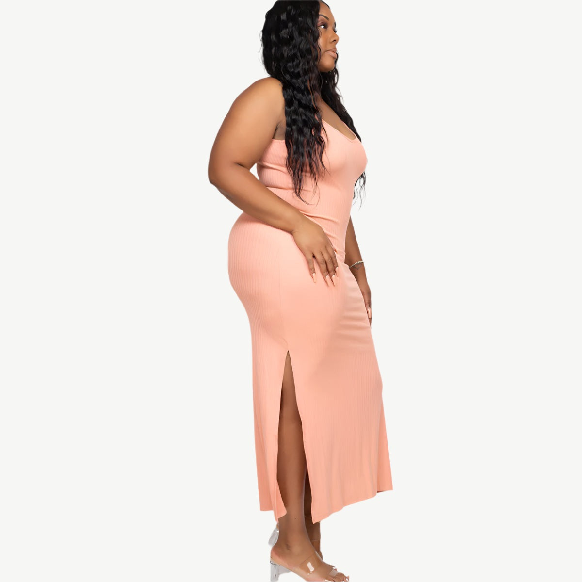 Plus Size Ribbed Side Slit Long Cami Dress