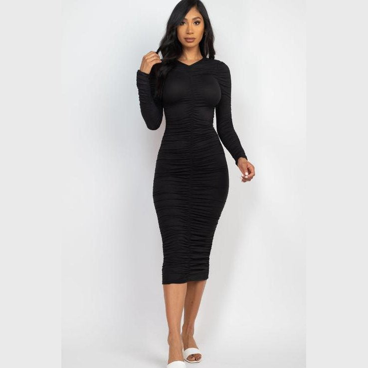 Ruched Long Sleeve Midi Dress