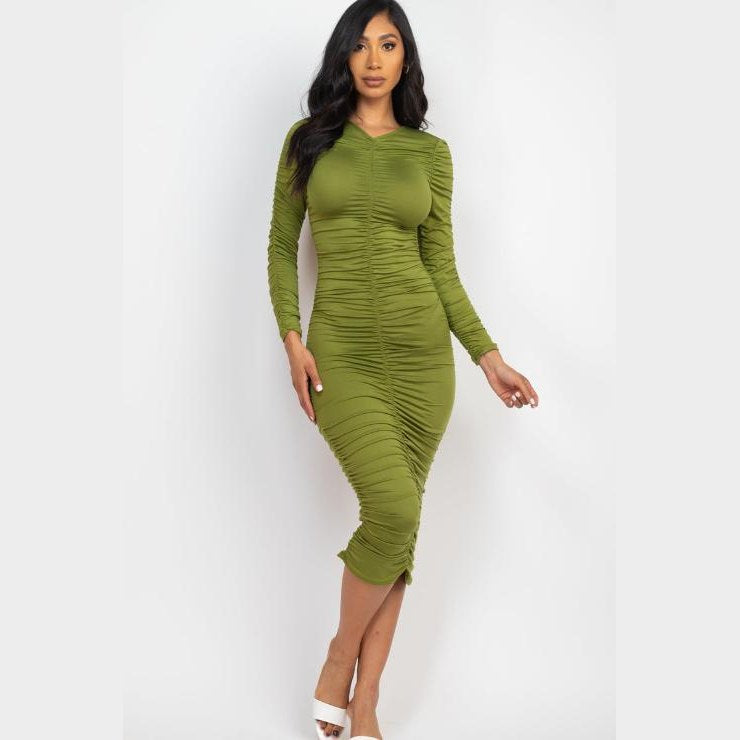 Ruched Long Sleeve Midi Dress