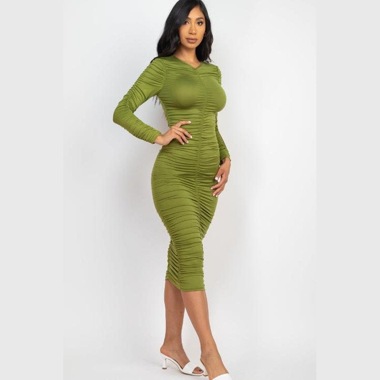 Ruched Long Sleeve Midi Dress