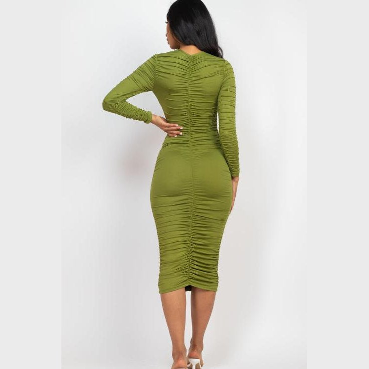 Ruched Long Sleeve Midi Dress