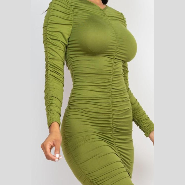 Ruched Long Sleeve Midi Dress
