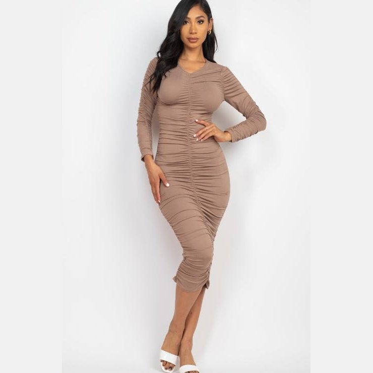 Ruched Long Sleeve Midi Dress