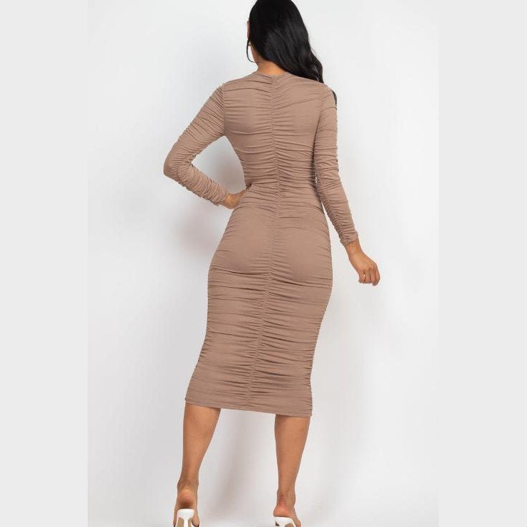 Ruched Long Sleeve Midi Dress