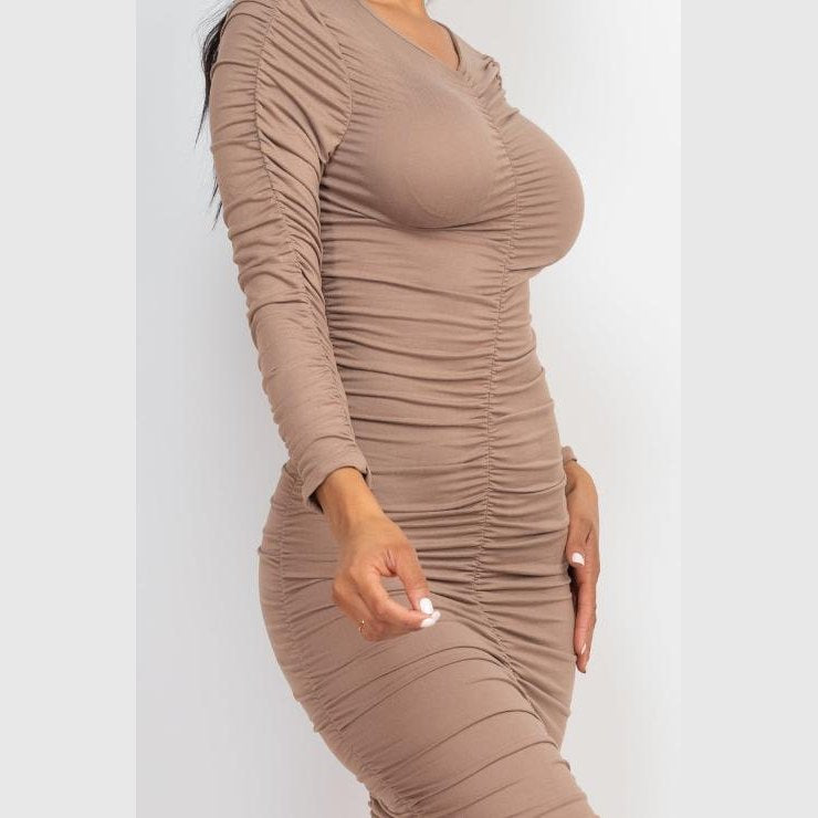 Ruched Long Sleeve Midi Dress
