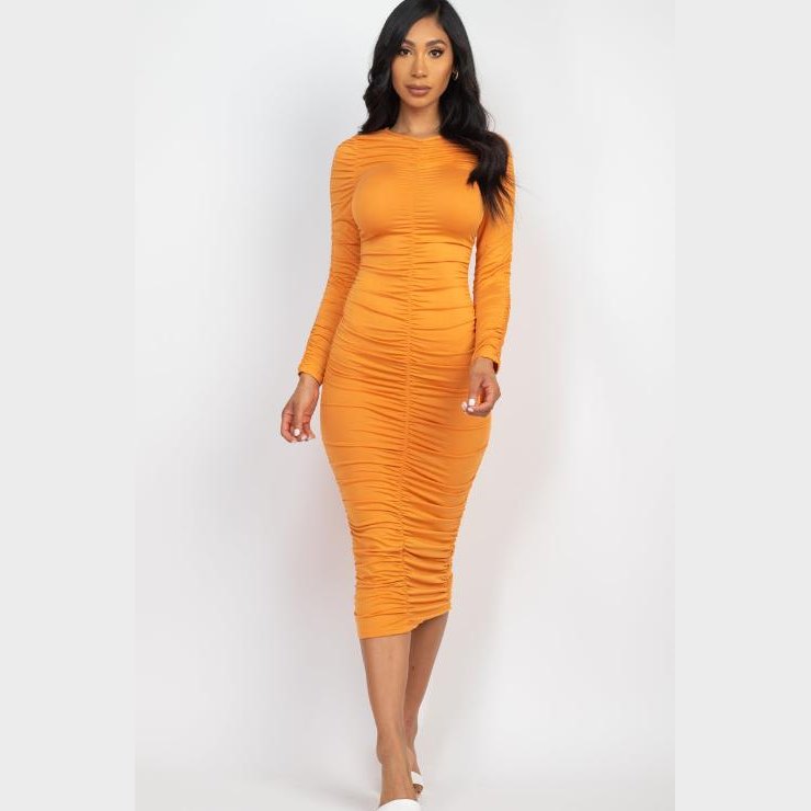 Ruched Long Sleeve Midi Dress