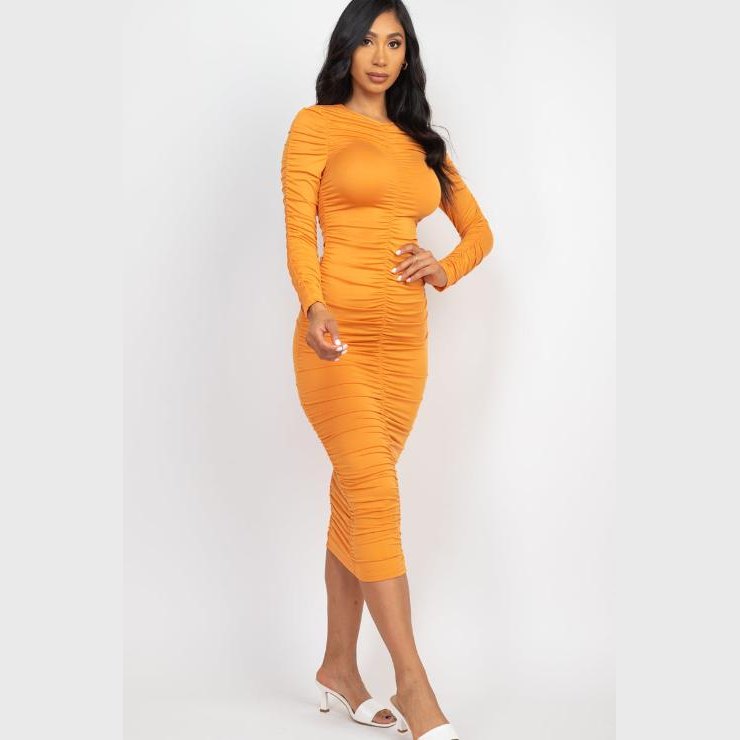 Ruched Long Sleeve Midi Dress