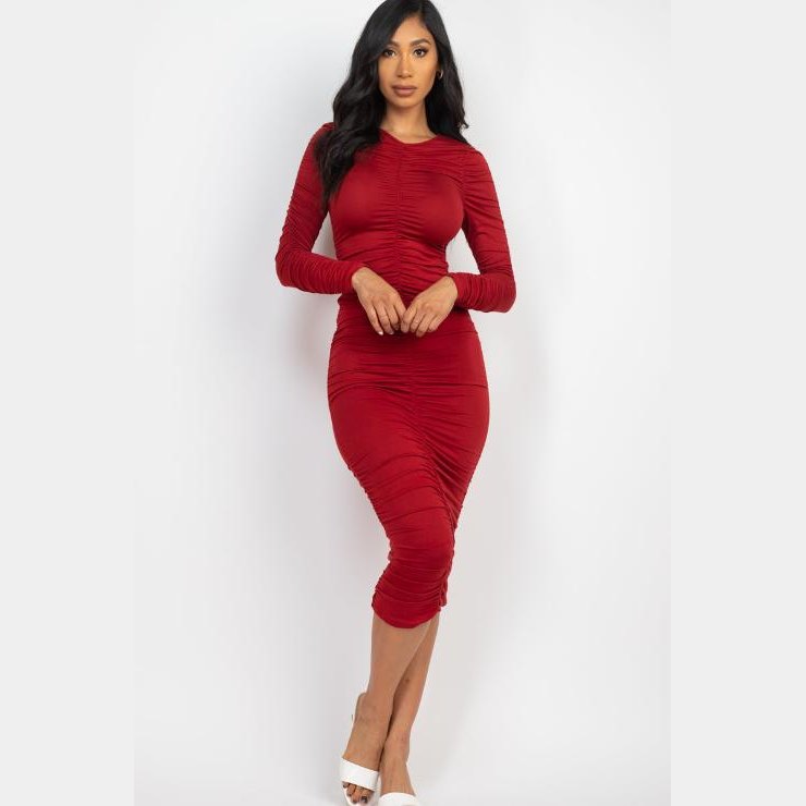 Ruched Long Sleeve Midi Dress