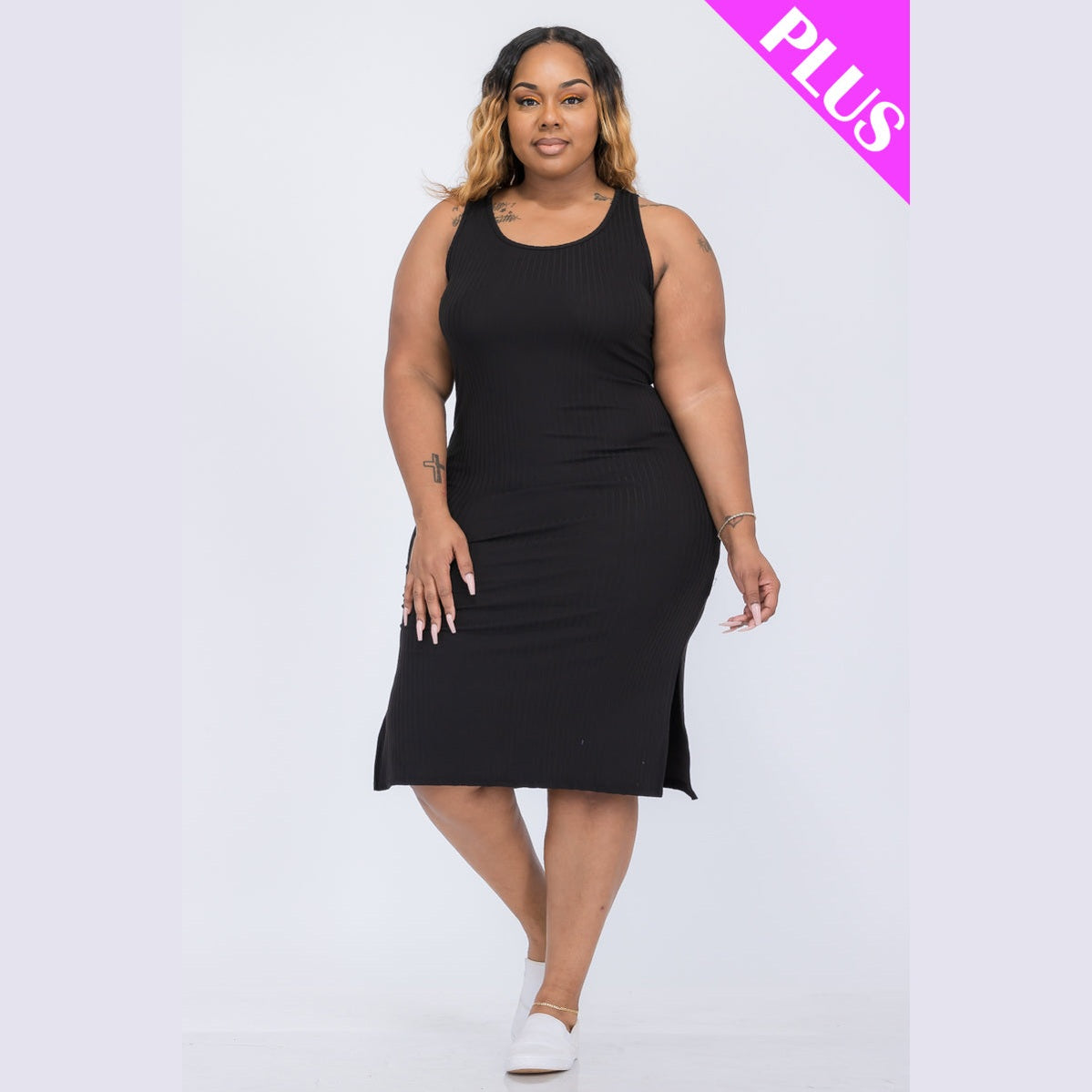 Plus Size Ribbed Side Slit Tank Dress