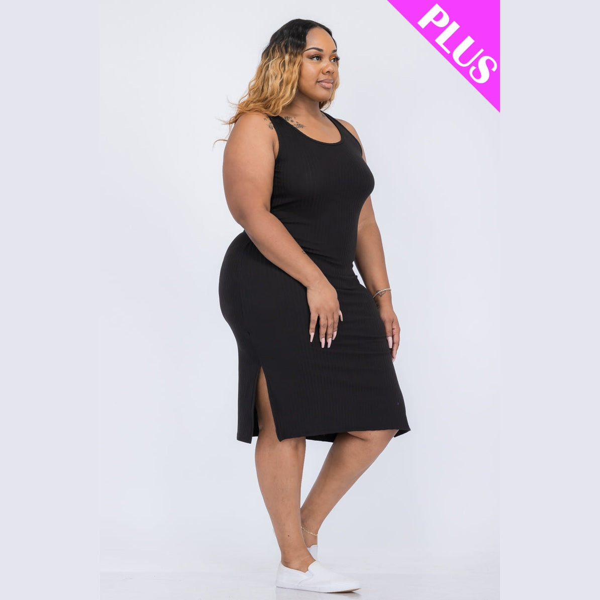 Plus Size Ribbed Side Slit Tank Dress