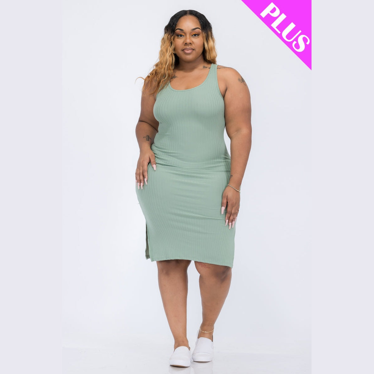 Plus Size Ribbed Side Slit Tank Dress
