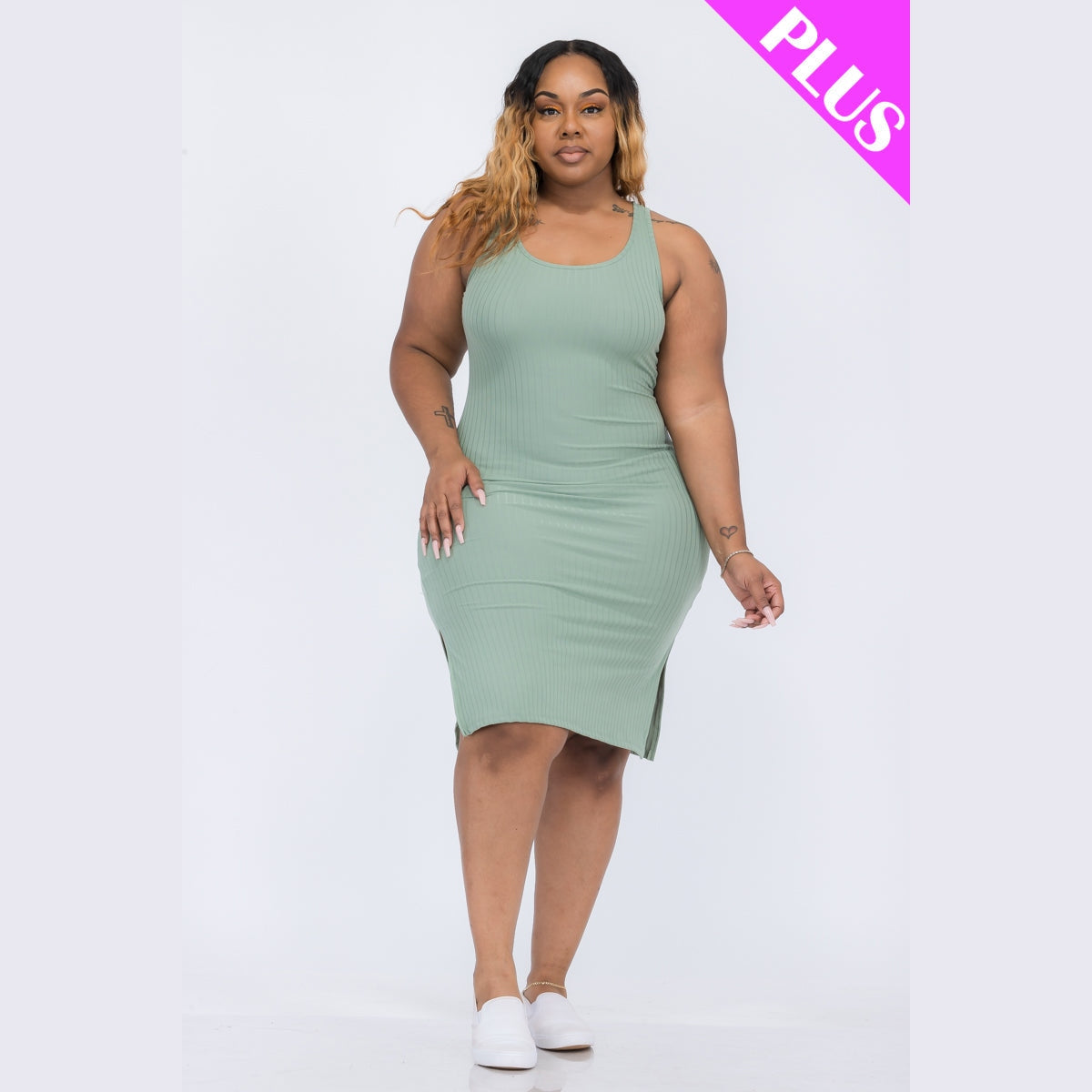 Plus Size Ribbed Side Slit Tank Dress