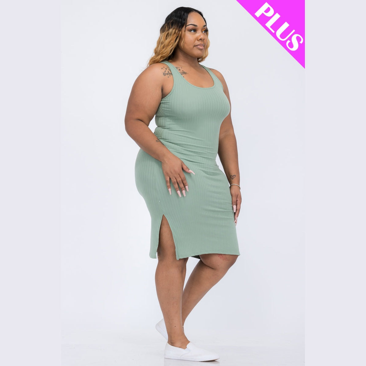 Plus Size Ribbed Side Slit Tank Dress