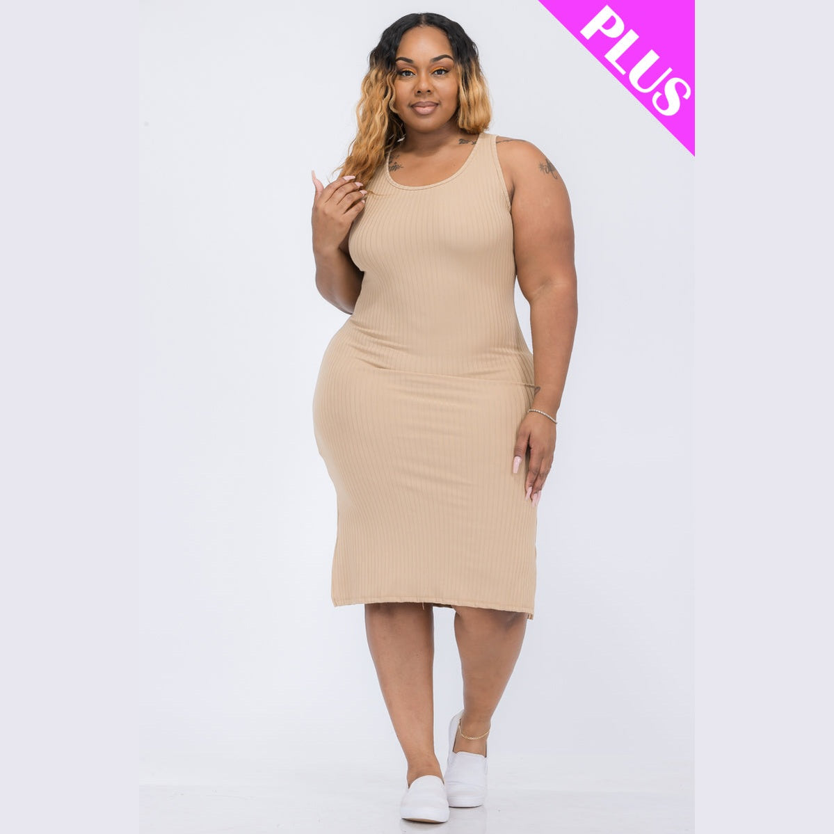 Plus Size Ribbed Side Slit Tank Dress