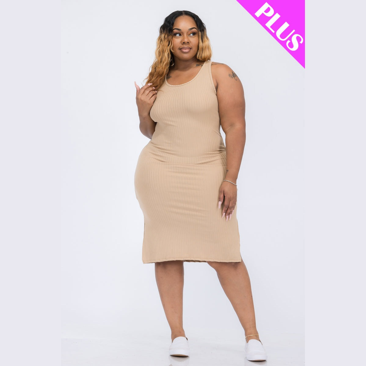 Plus Size Ribbed Side Slit Tank Dress