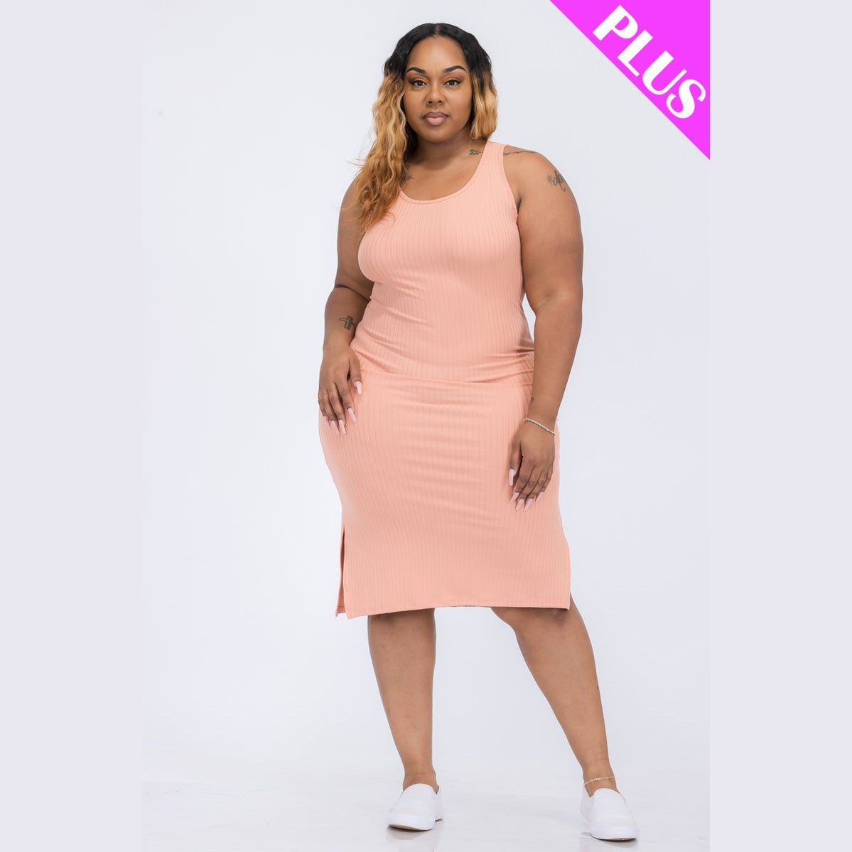 Plus Size Ribbed Side Slit Tank Dress