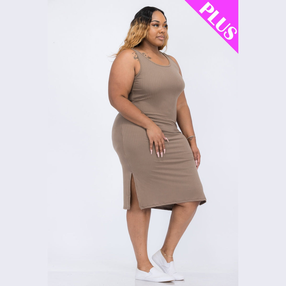 Plus Size Ribbed Side Slit Tank Dress