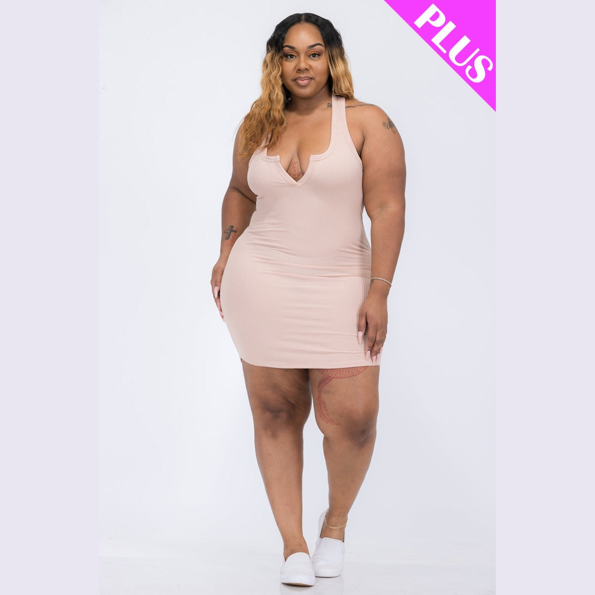Plus Size Ribbed Split Neck Tank Mini Dress