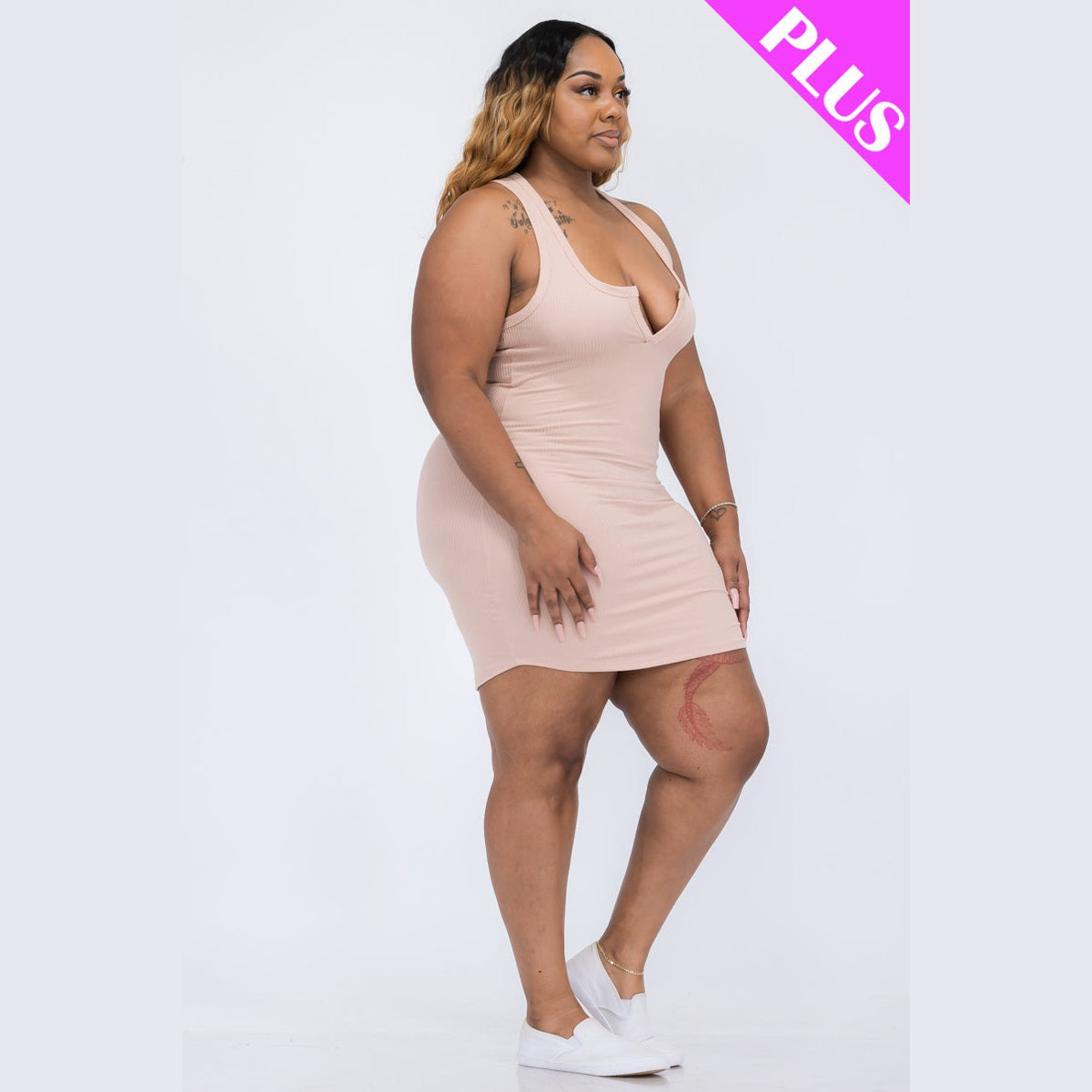 Plus Size Ribbed Split Neck Tank Mini Dress