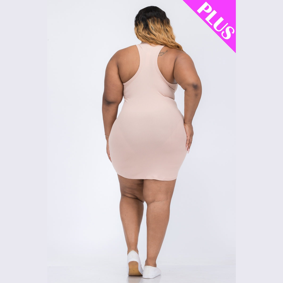 Plus Size Ribbed Split Neck Tank Mini Dress