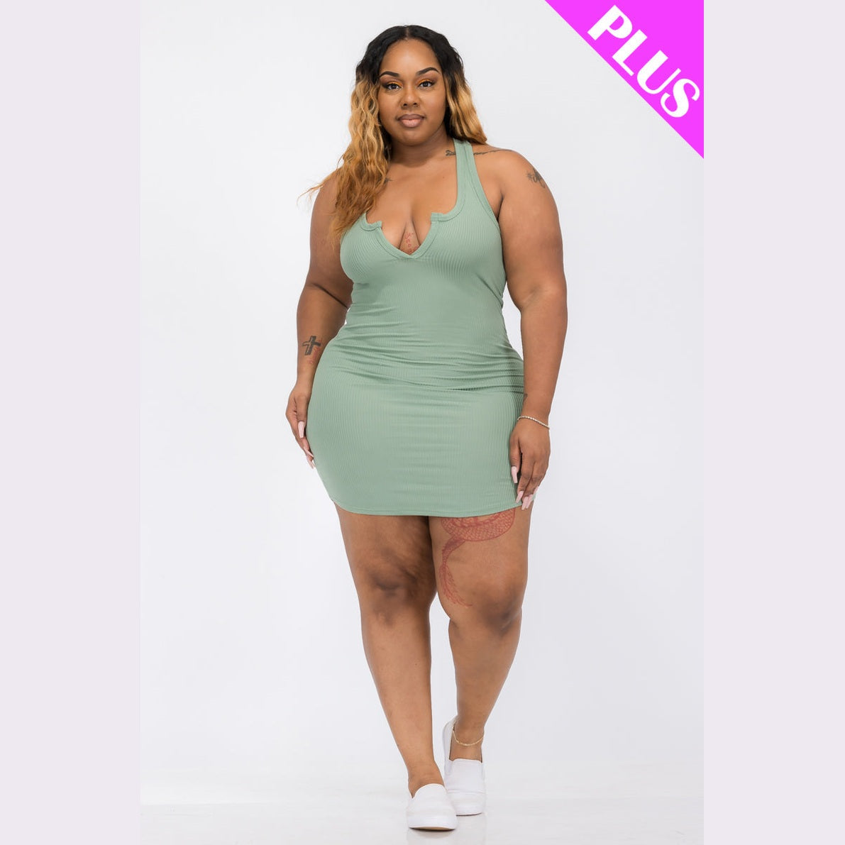 Plus Size Ribbed Split Neck Tank Mini Dress