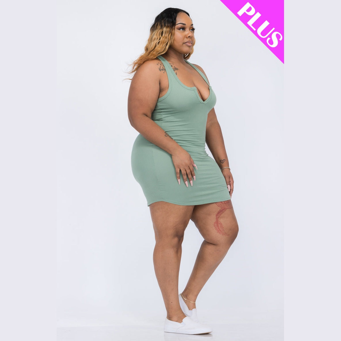 Plus Size Ribbed Split Neck Tank Mini Dress
