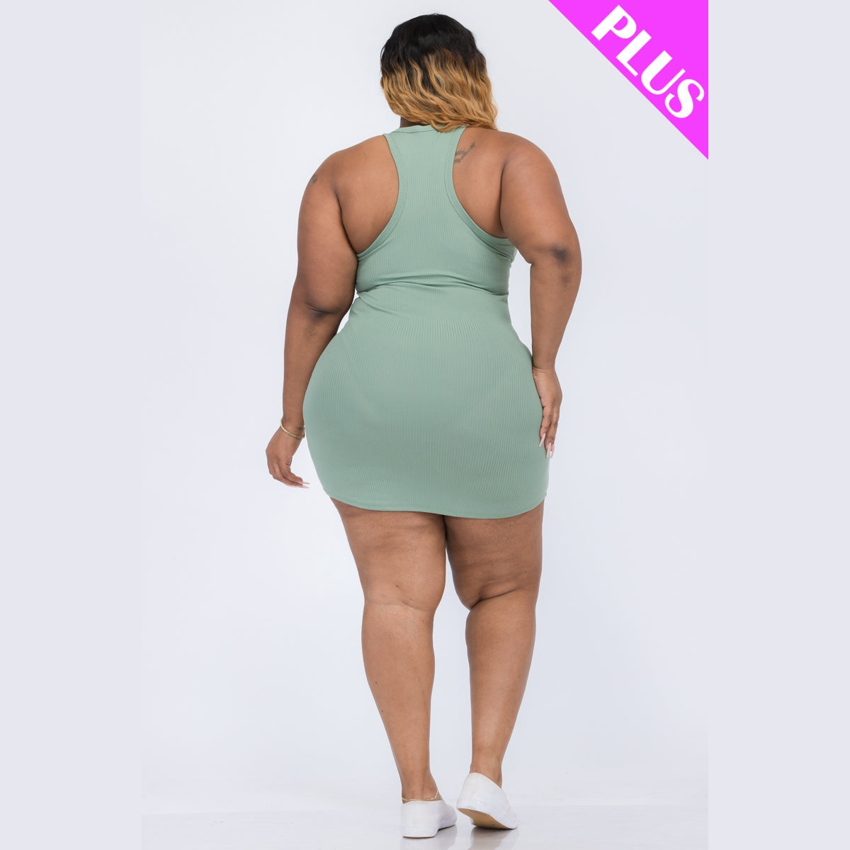 Plus Size Ribbed Split Neck Tank Mini Dress