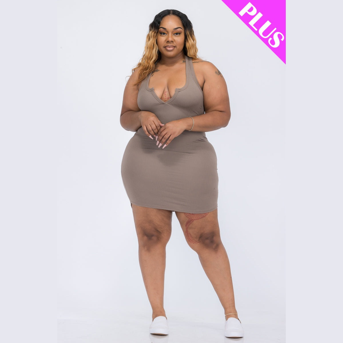 Plus Size Ribbed Split Neck Tank Mini Dress