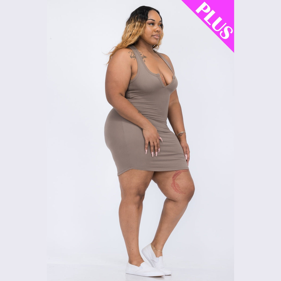 Plus Size Ribbed Split Neck Tank Mini Dress