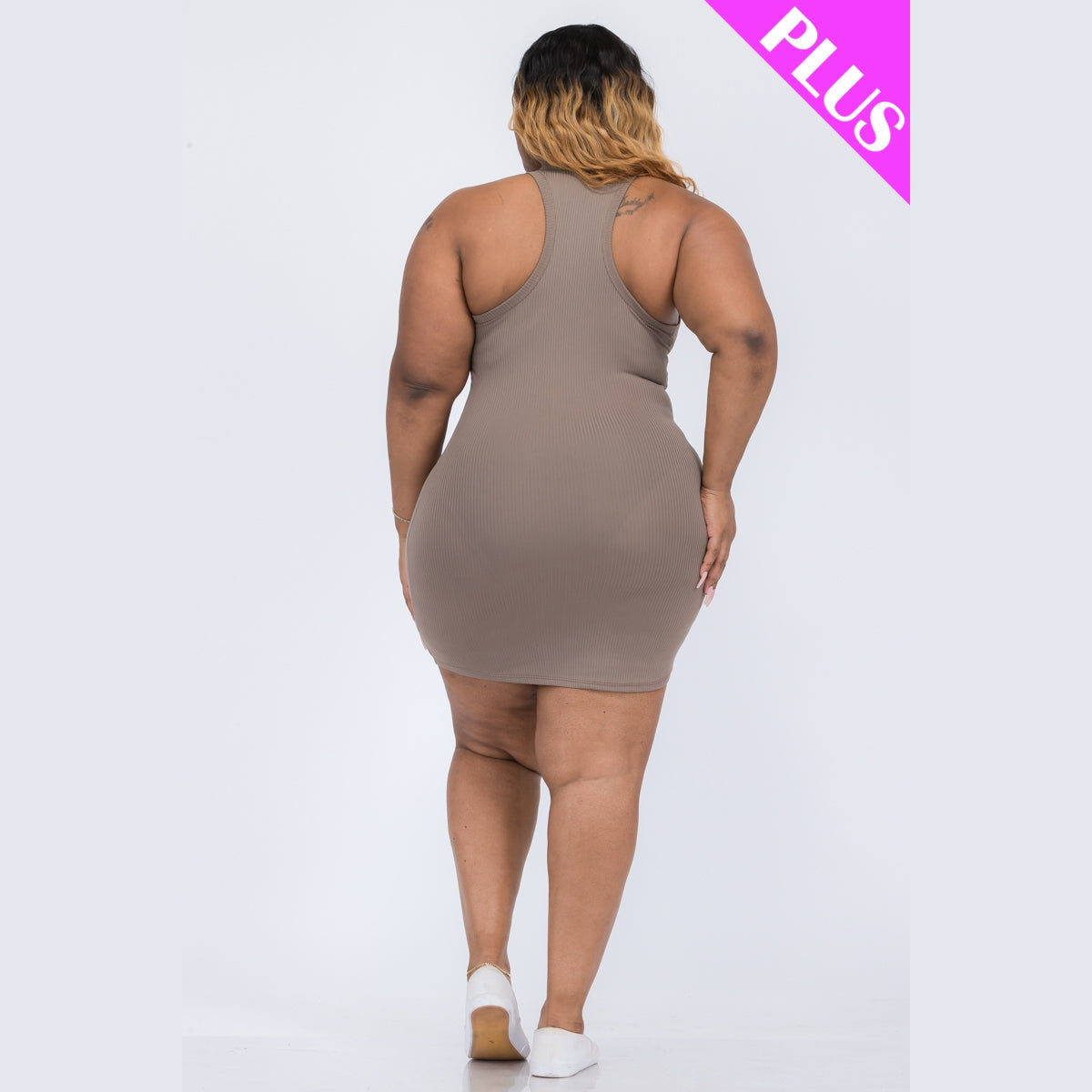 Plus Size Ribbed Split Neck Tank Mini Dress