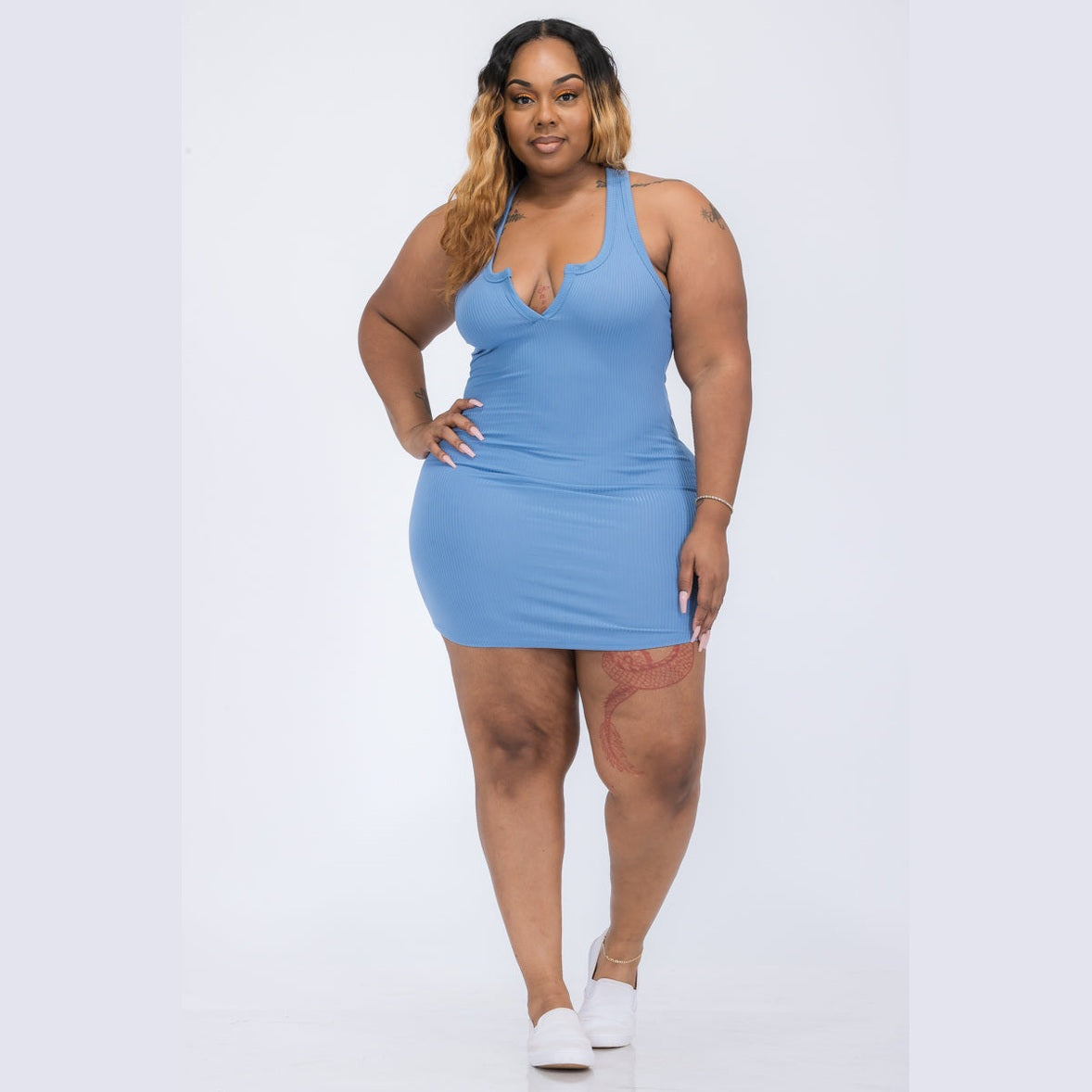 Plus Size Ribbed Split Neck Tank Mini Dress