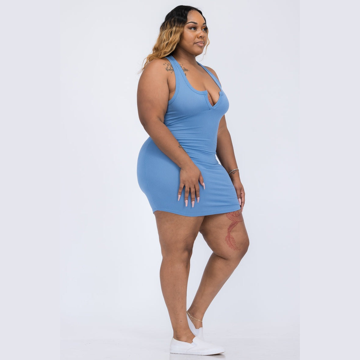 Plus Size Ribbed Split Neck Tank Mini Dress