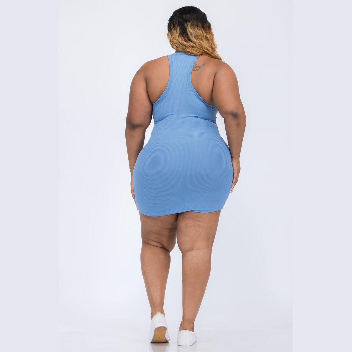 Plus Size Ribbed Split Neck Tank Mini Dress