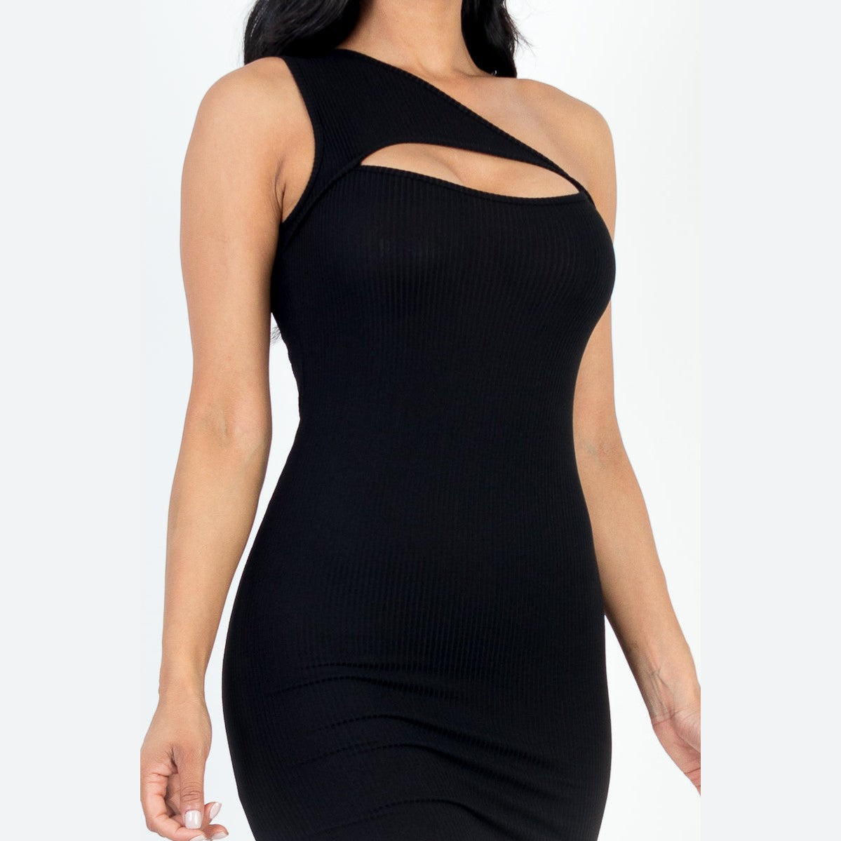 Ribbed One Shoulder Cutout Front Casual Mini Bodycon Dress