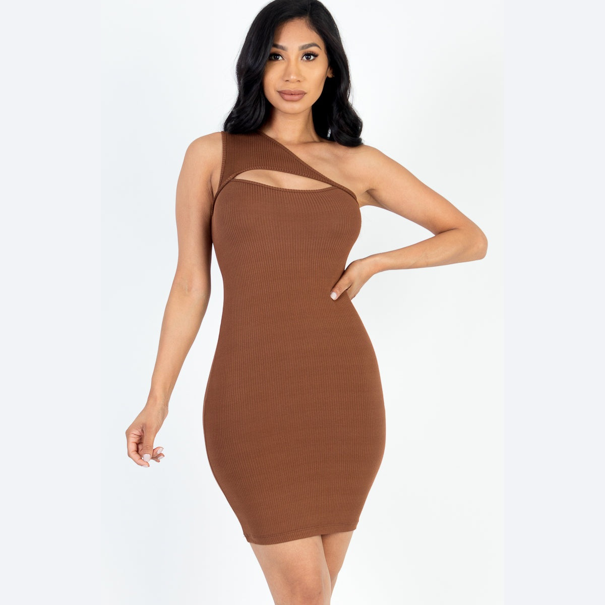 Ribbed One Shoulder Cutout Front Casual Mini Bodycon Dress