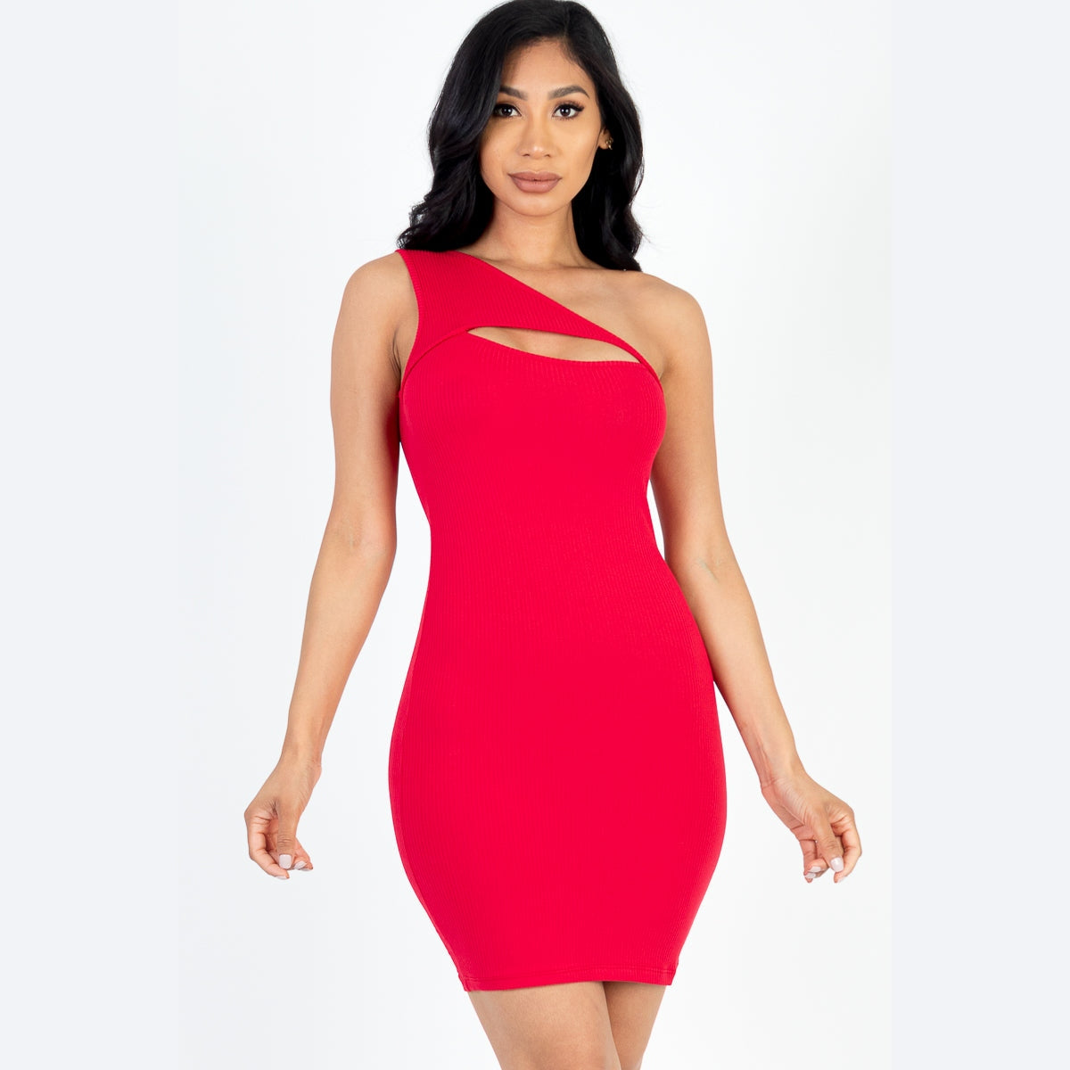 Ribbed One Shoulder Cutout Front Casual Mini Bodycon Dress