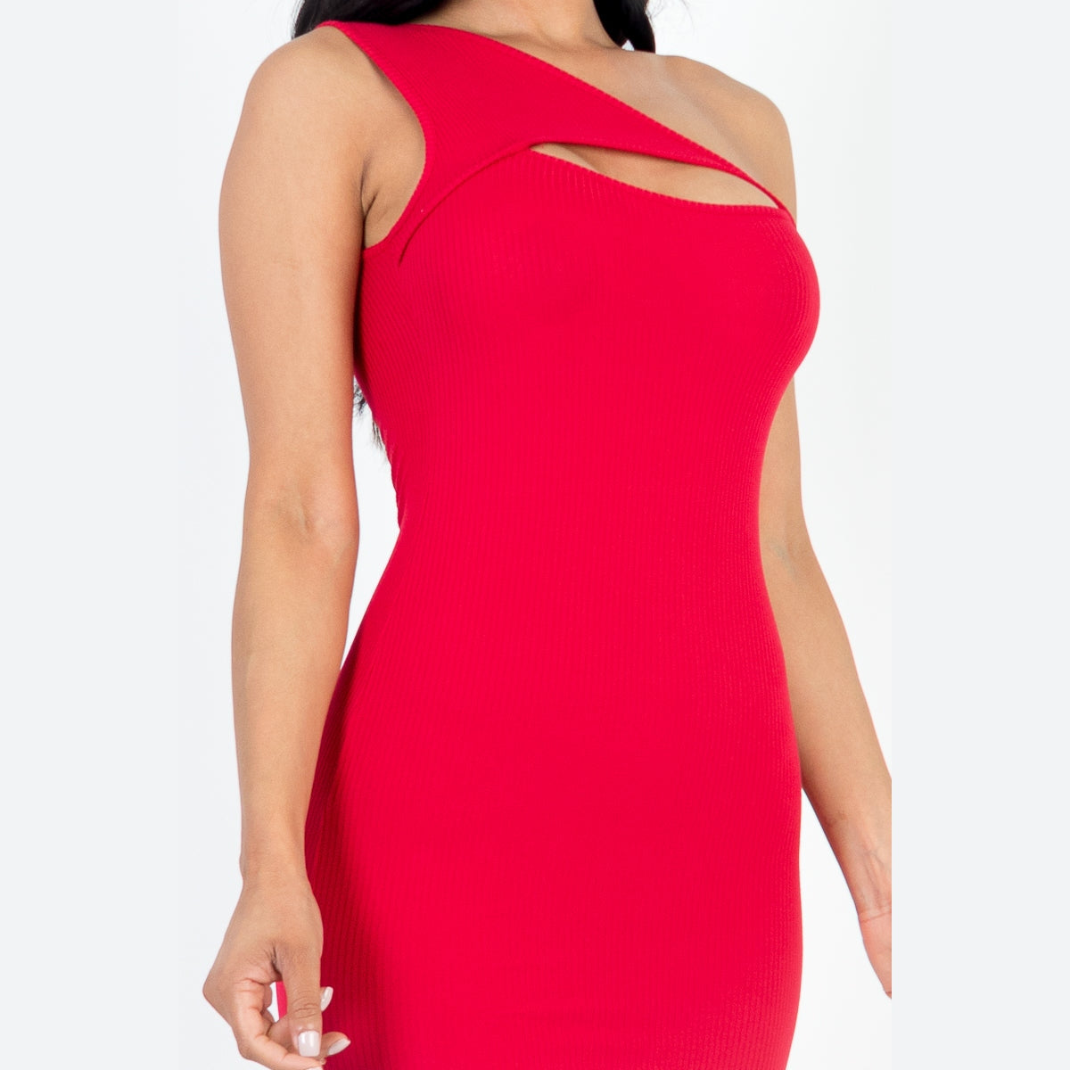 Ribbed One Shoulder Cutout Front Casual Mini Bodycon Dress