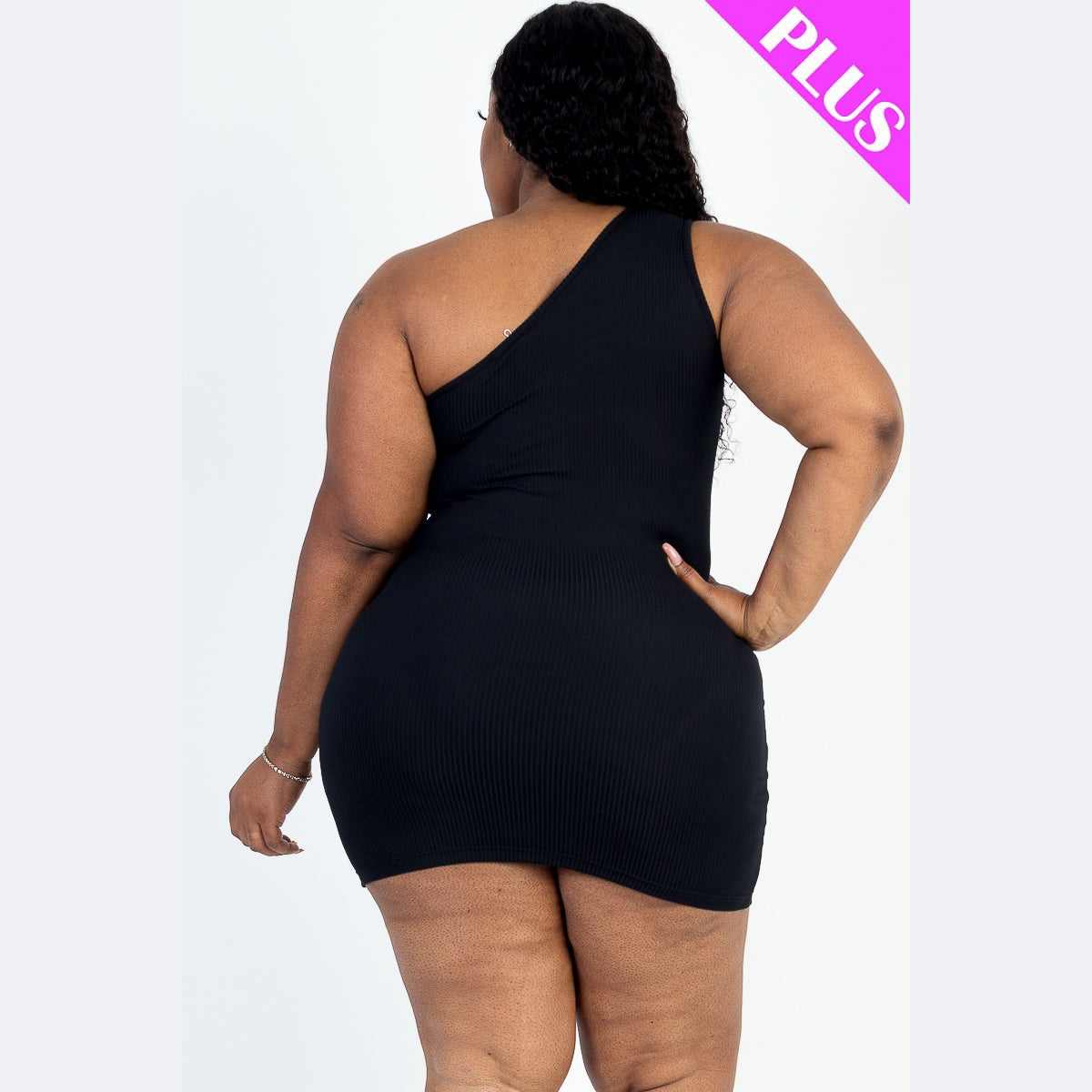 Plus Size Ribbed One Shoulder Cutout Front Casual Mini Bodycon Dress