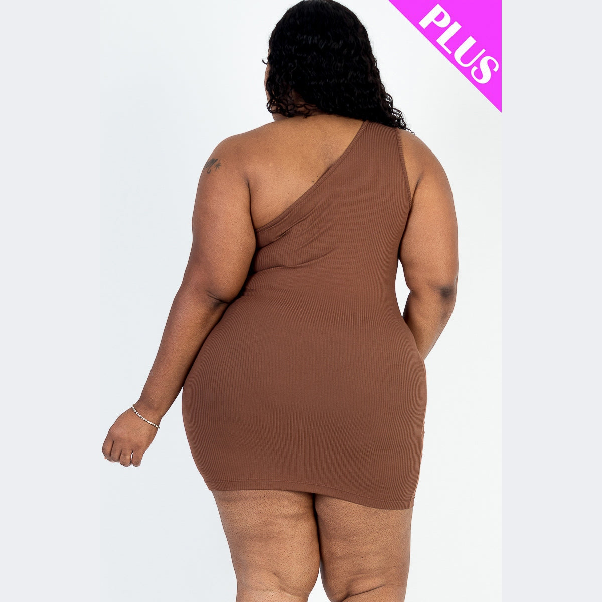 Plus Size Ribbed One Shoulder Cutout Front Casual Mini Bodycon Dress