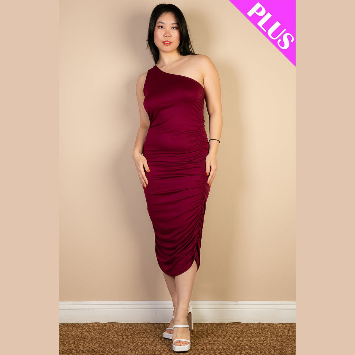 Plus Size Sexy Solid Color Ruched One Shoulder Midi Bodycon Dress