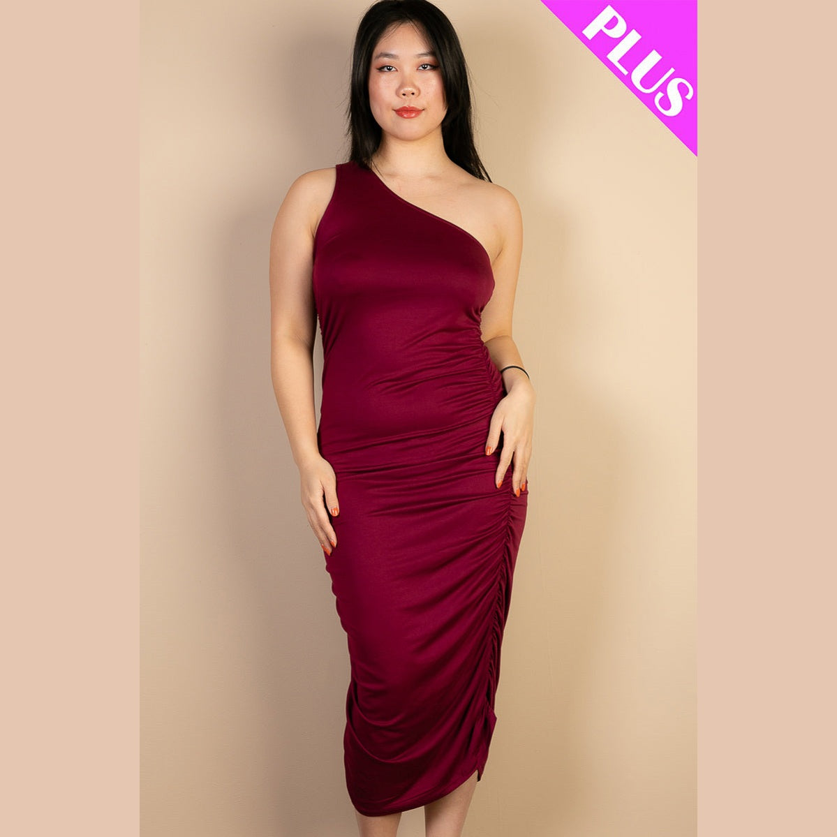 Plus Size Sexy Solid Color Ruched One Shoulder Midi Bodycon Dress
